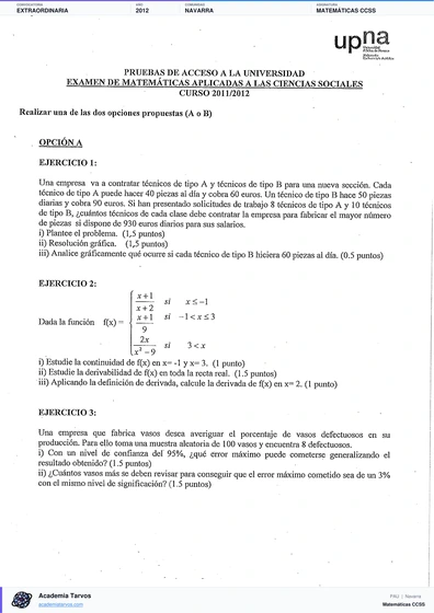 Vista previa de Examen PAU de Matemáticas CCSS de Navarra 2012 – Extraordinaria