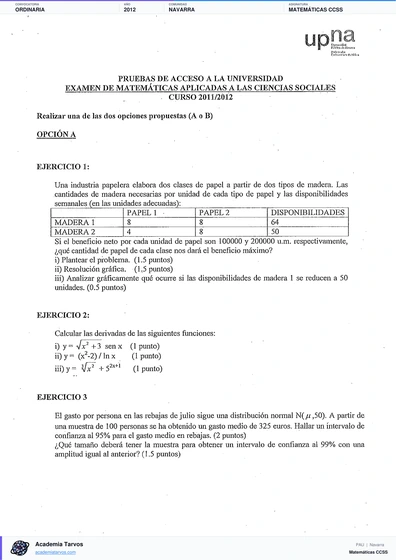 Vista previa de Examen PAU de Matemáticas CCSS de Navarra 2012 – Ordinaria