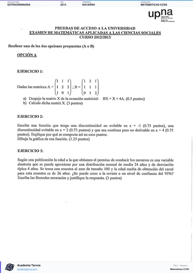 Vista previa de Examen PAU de Matemáticas CCSS de Navarra 2013 – Extraordinaria