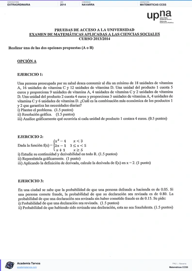 Vista previa de Examen PAU de Matemáticas CCSS de Navarra 2014 – Extraordinaria