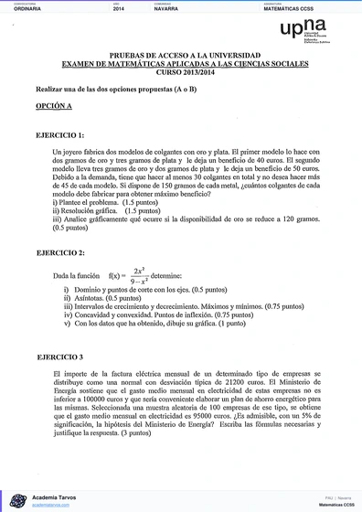 Vista previa de Examen PAU de Matemáticas CCSS de Navarra 2014 – Ordinaria