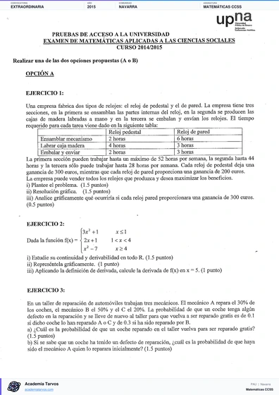 Vista previa de Examen PAU de Matemáticas CCSS de Navarra 2015 – Extraordinaria