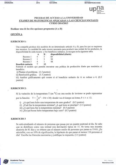 Vista previa de Examen PAU de Matemáticas CCSS de Navarra 2015 – Ordinaria