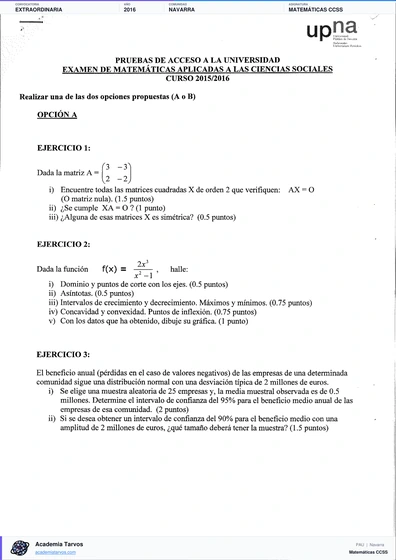 Vista previa de Examen PAU de Matemáticas CCSS de Navarra 2016 – Extraordinaria
