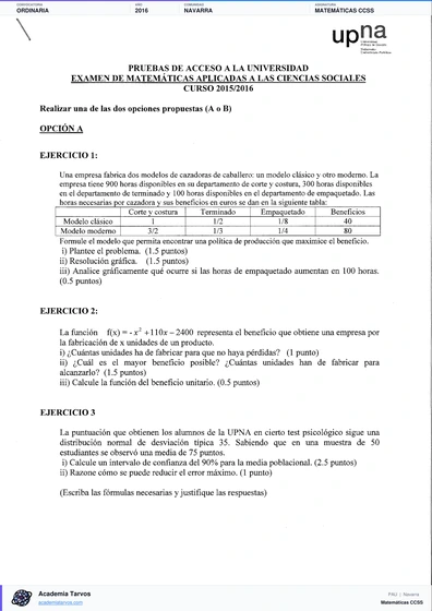 Vista previa de Examen PAU de Matemáticas CCSS de Navarra 2016 – Ordinaria