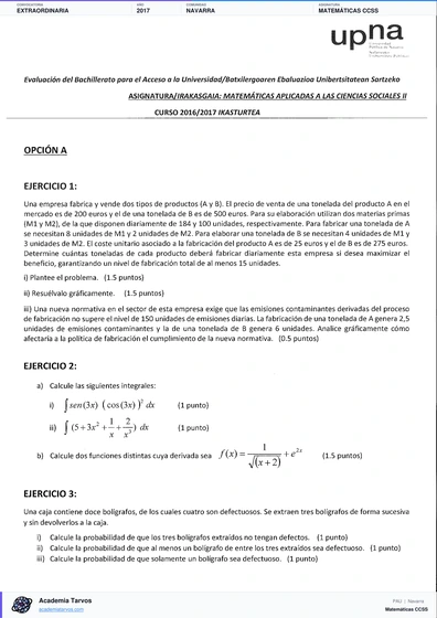 Vista previa de Examen PAU de Matemáticas CCSS de Navarra 2017 – Extraordinaria
