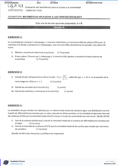 Vista previa de Examen PAU de Matemáticas CCSS de Navarra 2018 – Extraordinaria