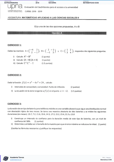 Vista previa de Examen PAU de Matemáticas CCSS de Navarra 2019 – Extraordinaria