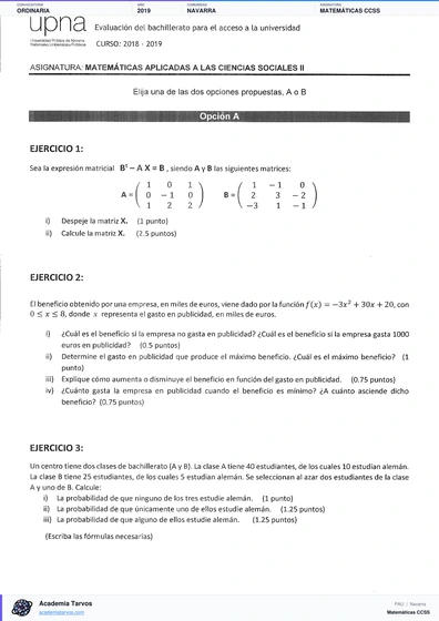 Vista previa de Examen PAU de Matemáticas CCSS de Navarra 2019 – Ordinaria