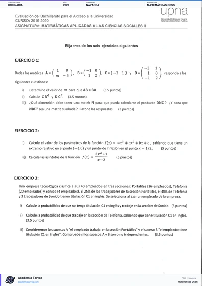 Vista previa de Examen PAU de Matemáticas CCSS de Navarra 2020 – Ordinaria