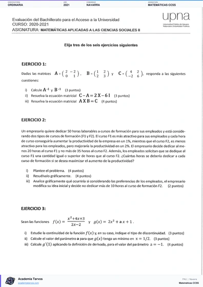 Vista previa de Examen PAU de Matemáticas CCSS de Navarra 2021 – Ordinaria