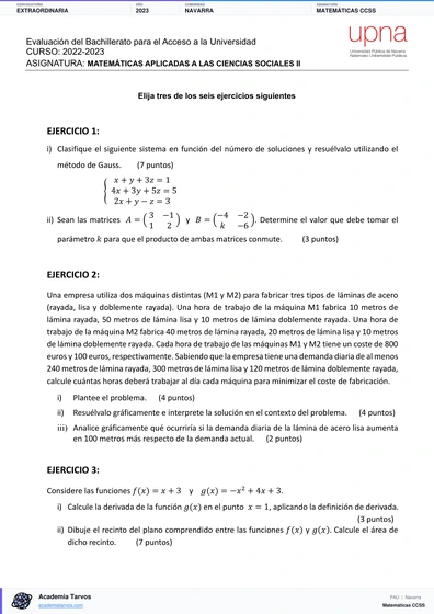 Vista previa de Examen PAU de Matemáticas CCSS de Navarra 2023 – Extraordinaria