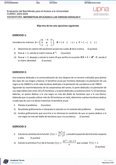 Vista previa de Examen PAU de Matemáticas CCSS de Navarra 2024 – Extraordinaria