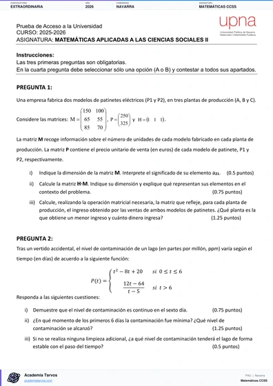 Vista previa de Examen PAU de Matemáticas CCSS de Navarra 2026 – Extraordinaria
