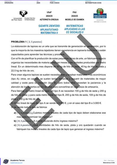 Vista previa de Examen PAU de Matemáticas CCSS de País Vasco 2025 – Ordinaria