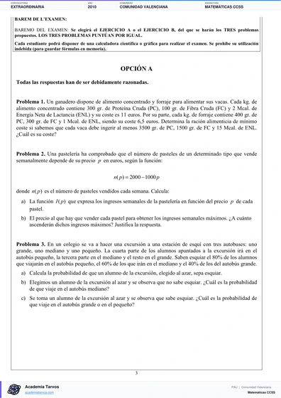 Vista previa de Examen PAU de Matemáticas CCSS de Comunitat Valenciana 2010 – Extraordinaria