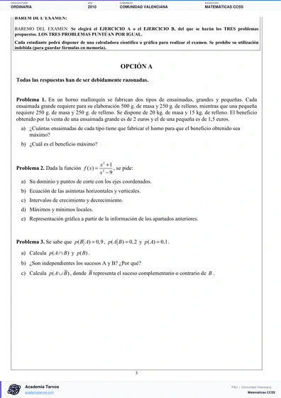 Vista previa de Examen PAU de Matemáticas CCSS de Comunitat Valenciana 2010 – Ordinaria