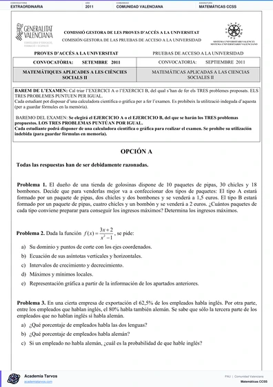 Vista previa de Examen PAU de Matemáticas CCSS de Comunitat Valenciana 2011 – Extraordinaria