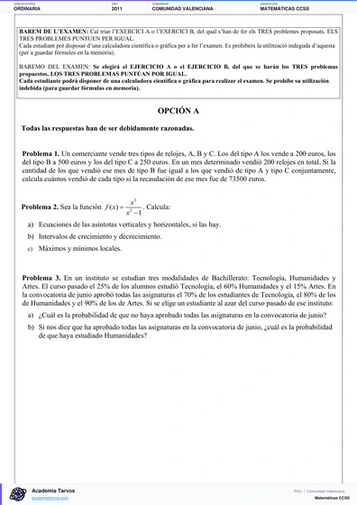 Vista previa de Examen PAU de Matemáticas CCSS de Comunitat Valenciana 2011 – Ordinaria