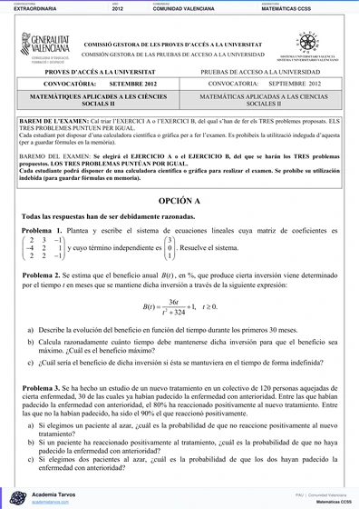 Vista previa de Examen PAU de Matemáticas CCSS de Comunitat Valenciana 2012 – Extraordinaria