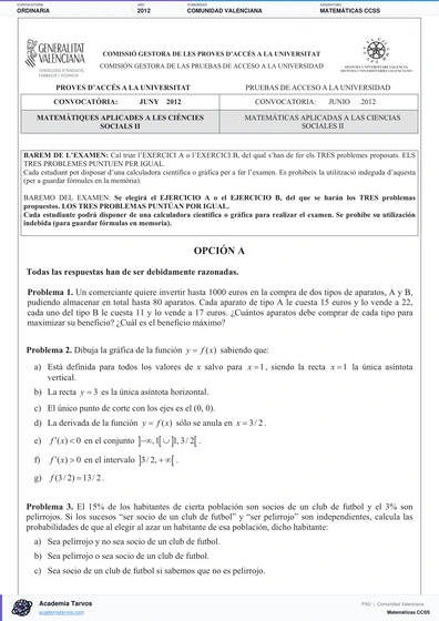 Vista previa de Examen PAU de Matemáticas CCSS de Comunitat Valenciana 2012 – Ordinaria