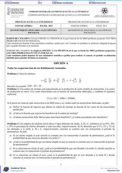 Vista previa de Examen PAU de Matemáticas CCSS de Comunitat Valenciana 2013 – Extraordinaria