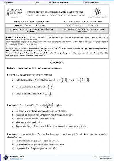Vista previa de Examen PAU de Matemáticas CCSS de Comunitat Valenciana 2013 – Ordinaria