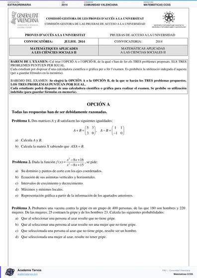 Vista previa de Examen PAU de Matemáticas CCSS de Comunitat Valenciana 2014 – Extraordinaria