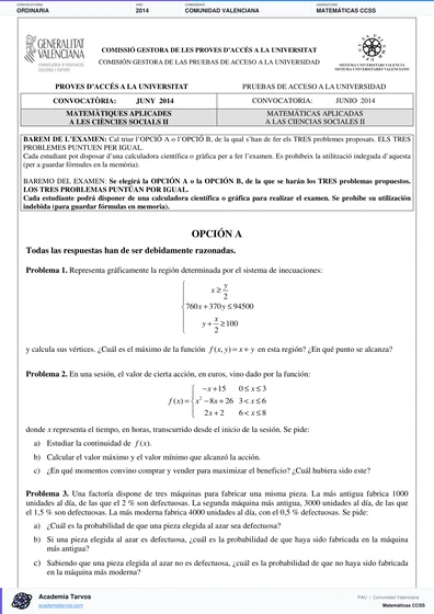 Vista previa de Examen PAU de Matemáticas CCSS de Comunitat Valenciana 2014 – Ordinaria