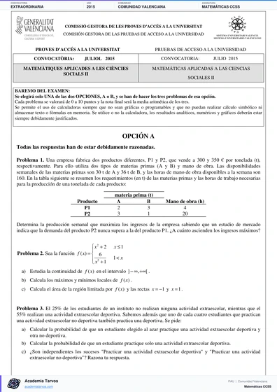 Vista previa de Examen PAU de Matemáticas CCSS de Comunitat Valenciana 2015 – Extraordinaria