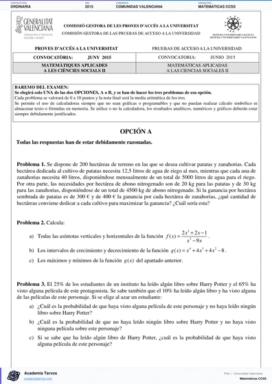 Vista previa de Examen PAU de Matemáticas CCSS de Comunitat Valenciana 2015 – Ordinaria