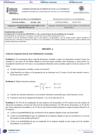 Vista previa de Examen PAU de Matemáticas CCSS de Comunitat Valenciana 2016 – Extraordinaria