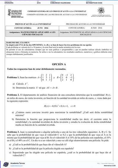 Vista previa de Examen PAU de Matemáticas CCSS de Comunitat Valenciana 2016 – Ordinaria