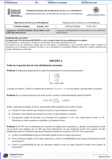 Vista previa de Examen PAU de Matemáticas CCSS de Comunitat Valenciana 2017 – Extraordinaria