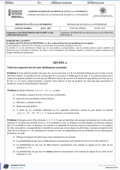 Vista previa de Examen PAU de Matemáticas CCSS de Comunitat Valenciana 2017 – Ordinaria