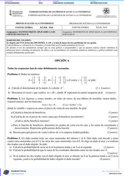 Vista previa de Examen PAU de Matemáticas CCSS de Comunitat Valenciana 2018 – Extraordinaria