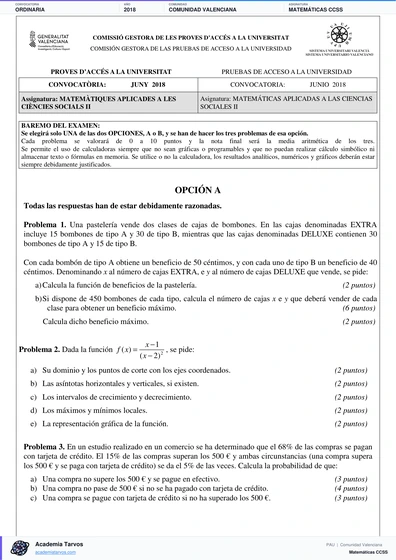 Vista previa de Examen PAU de Matemáticas CCSS de Comunitat Valenciana 2018 – Ordinaria