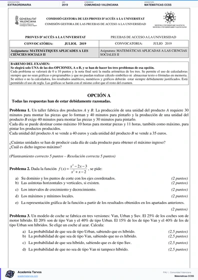 Vista previa de Examen PAU de Matemáticas CCSS de Comunitat Valenciana 2019 – Extraordinaria