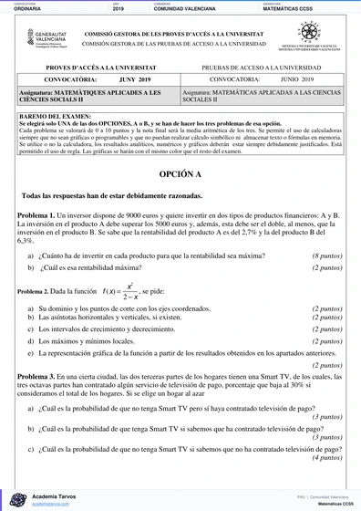 Vista previa de Examen PAU de Matemáticas CCSS de Comunitat Valenciana 2019 – Ordinaria