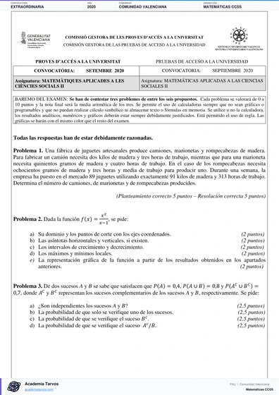Vista previa de Examen PAU de Matemáticas CCSS de Comunitat Valenciana 2020 – Extraordinaria