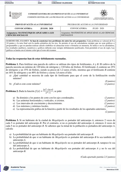 Vista previa de Examen PAU de Matemáticas CCSS de Comunitat Valenciana 2020 – Ordinaria