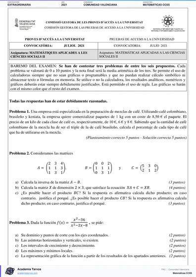 Vista previa de Examen PAU de Matemáticas CCSS de Comunitat Valenciana 2021 – Extraordinaria
