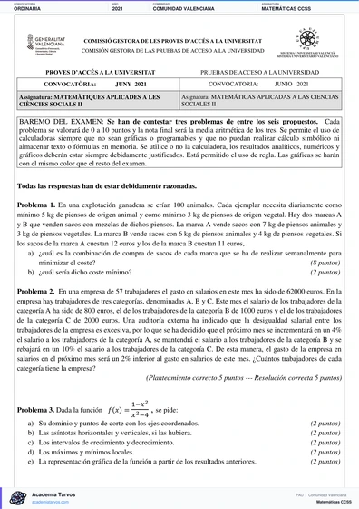 Vista previa de Examen PAU de Matemáticas CCSS de Comunitat Valenciana 2021 – Ordinaria