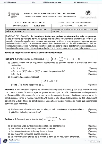 Vista previa de Examen PAU de Matemáticas CCSS de Comunitat Valenciana 2022 – Extraordinaria