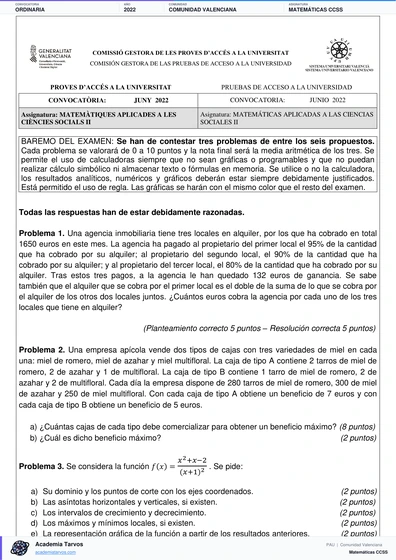 Vista previa de Examen PAU de Matemáticas CCSS de Comunitat Valenciana 2022 – Ordinaria