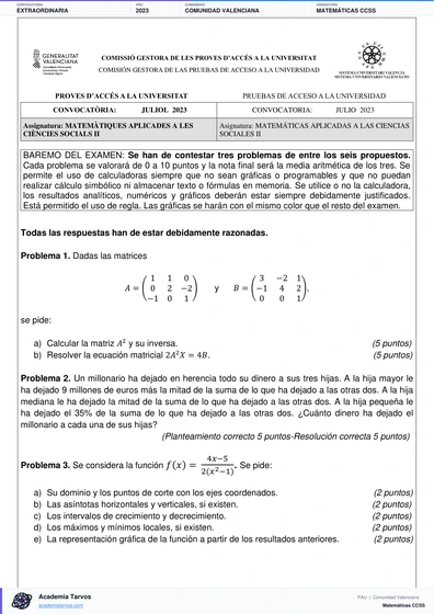 Vista previa de Examen PAU de Matemáticas CCSS de Comunitat Valenciana 2023 – Extraordinaria