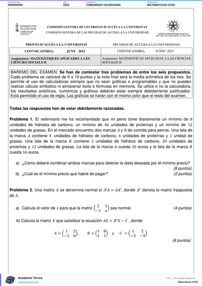 Vista previa de Examen PAU de Matemáticas CCSS de Comunitat Valenciana 2023 – Ordinaria
