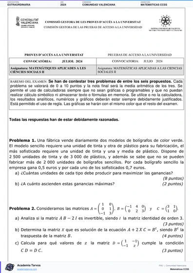 Vista previa de Examen PAU de Matemáticas CCSS de Comunitat Valenciana 2024 – Extraordinaria