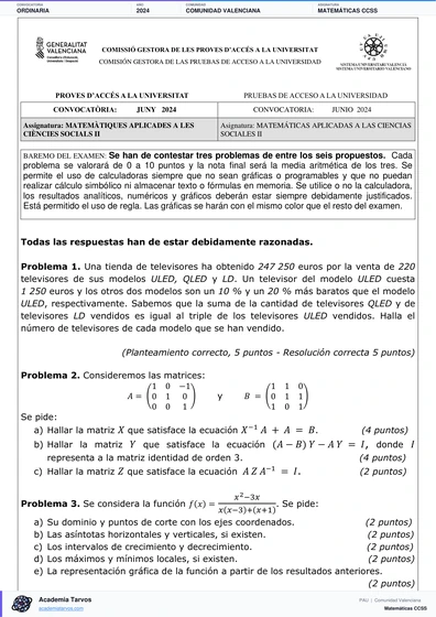 Vista previa de Examen PAU de Matemáticas CCSS de Comunitat Valenciana 2024 – Ordinaria