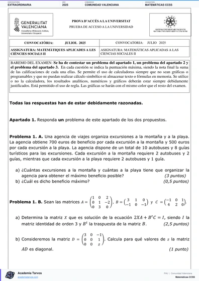 Vista previa de Examen PAU de Matemáticas CCSS de Comunitat Valenciana 2025 – Extraordinaria